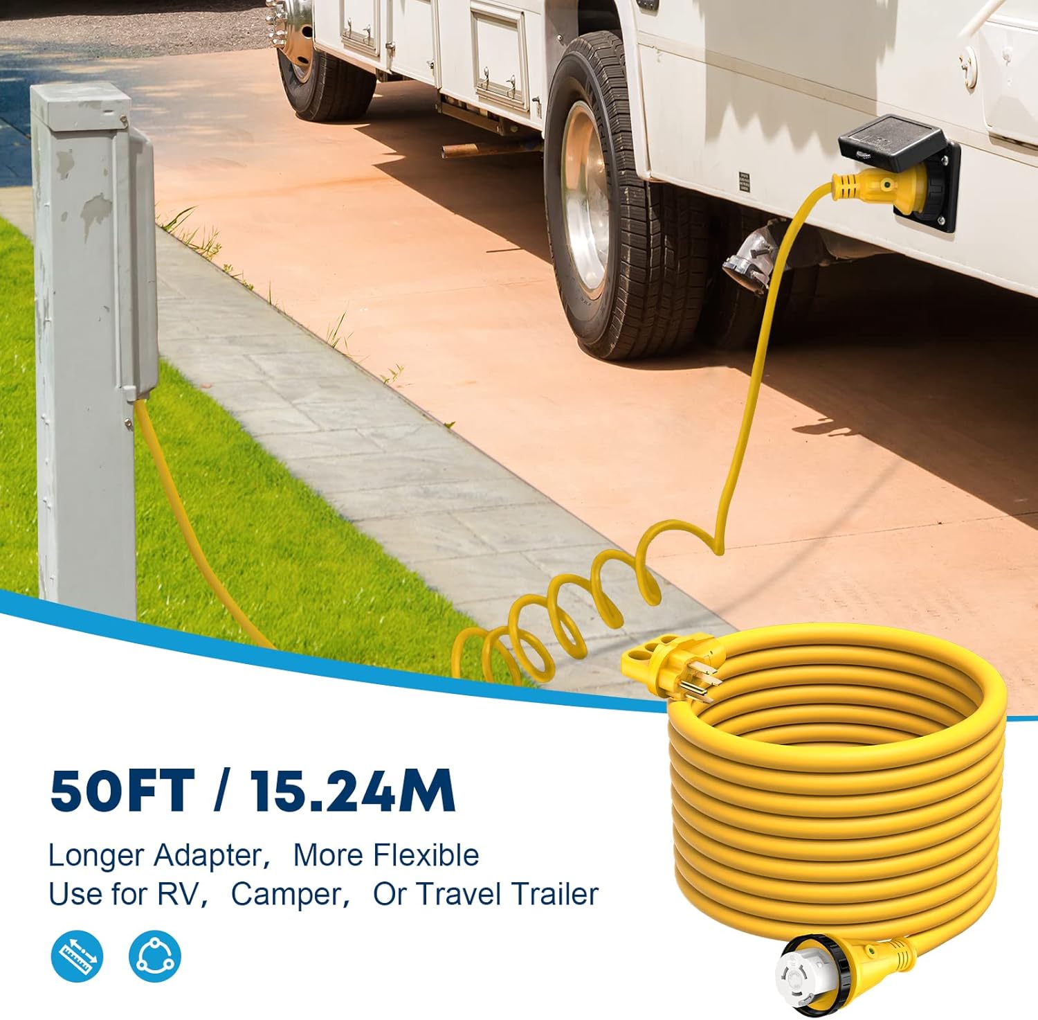 Kohree 50 Amp RV Power Extension Cord 25FT with Grid Handle Heavy Duty, 50M/50F 90 Degree RV Locking Adapter, LED Indicator & 30M/50F Power Adapter