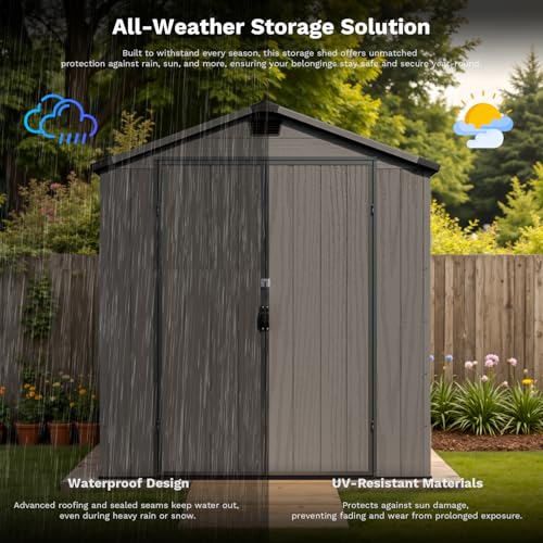 Patiowell 6 x 8 FT Plastic Outdoor Storage Shed with Floor, Resin Outside Tool Shed with Two Windows and Lockable Easy to Install, Door for Garden