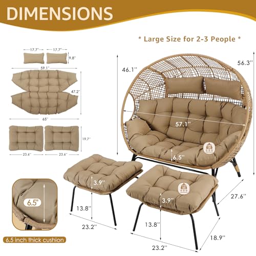 NICESOUL® Double Egg Chair Indoor Outdoor Stationary Oversized Thicken Padded Cushions, 2 Person Egg Loveseat Chair