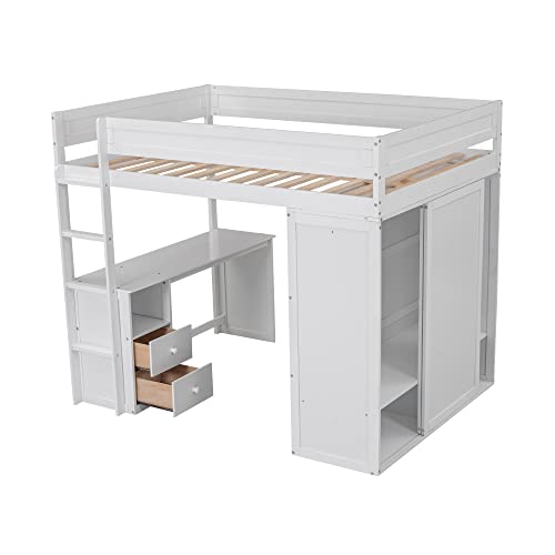 Wood Full Size Loft Bed with Wardrobes 2-Drawer Desk and Storage Cabinet,Bedroom Wood Bed Frame W/ 2 Drawers,No Box Spring Required