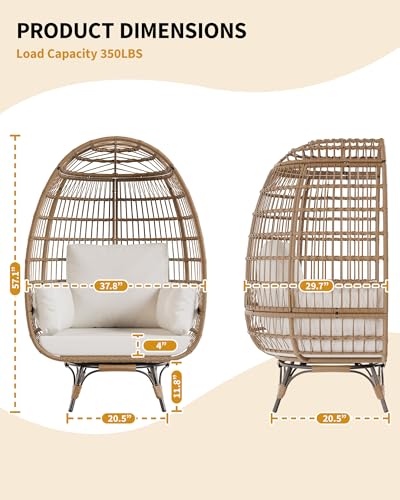 Oversize Wicker Egg Chair with 4 Comfy Cushions, Big Egg Shaped Lounger with Ottoman, Rattan Reading Chairs for Indoor Outdoor Patio Porch Backyard