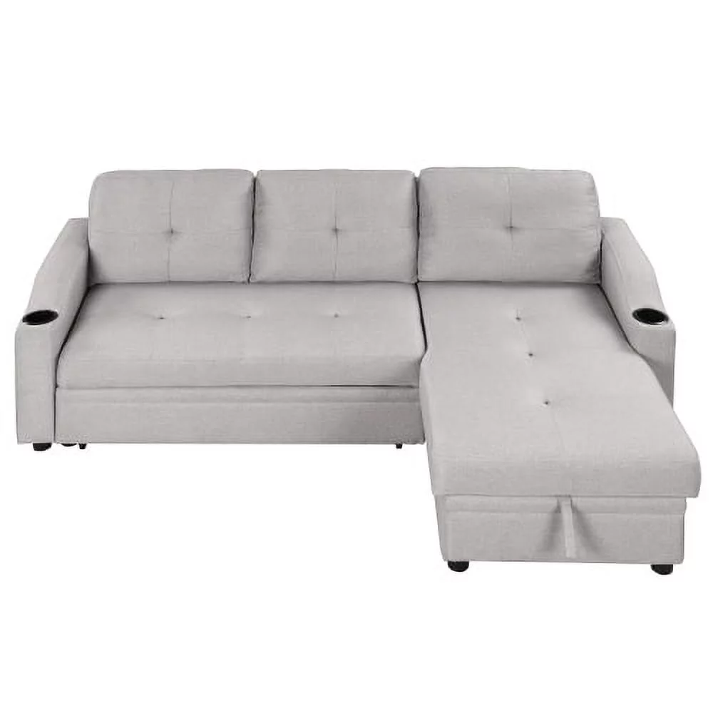 Churanty L-Shape Couch Sectional Sofa Upholstered Velvet Convertible Sofa with Pull-Out Sleeper, Storage Chaise, Cup Holder,Gray
