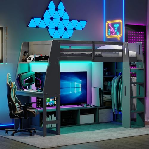 SOFTSEA Twin Gaming Loft Bed with Desk & LED Lights, Solid Wood Loft Bed with Storage Wardrobe and Shelves for Kids Teens
