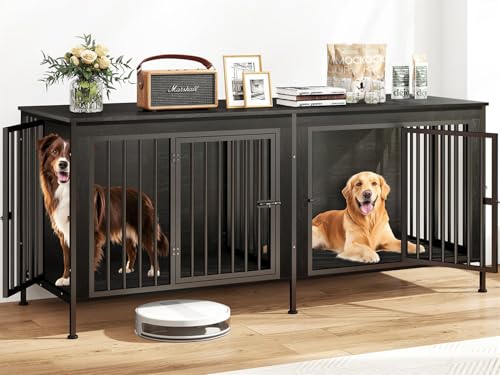 78 Inch Dog Crate Furniture for 2 Dogs,Extra Large Double Dog Kennel Furniture with Removable Divider, XXL Thick Wooden Dog Cage TV Stand