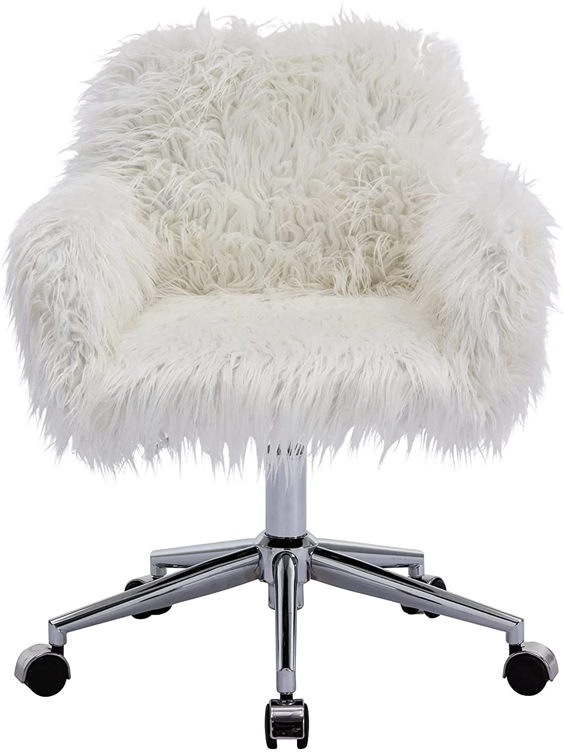 White Vanity Chair Faux Fur Swivel Home Office Desk Chair, Soft Fluffy Chair For Bedroom For Girls, Makeup Vanity Chair With Back