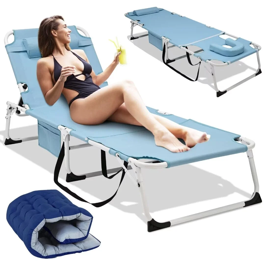 Docred Lounge Chair for Outdoor,Adjustable 5-Position Folding Chaise Lounge Chairs W/Face & Arm Holes