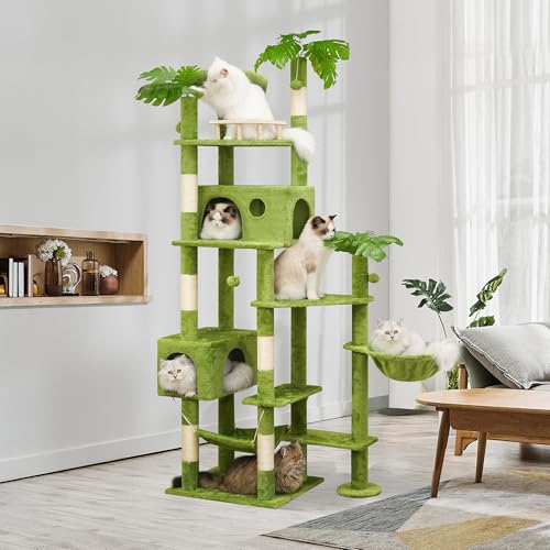 77in Cat Tree with Leaves for Indoor Cats Large Adult,Tall Cat Tower with Scratching Post, Large Cat Tree with Two Cat Condos, Soft Hammocks