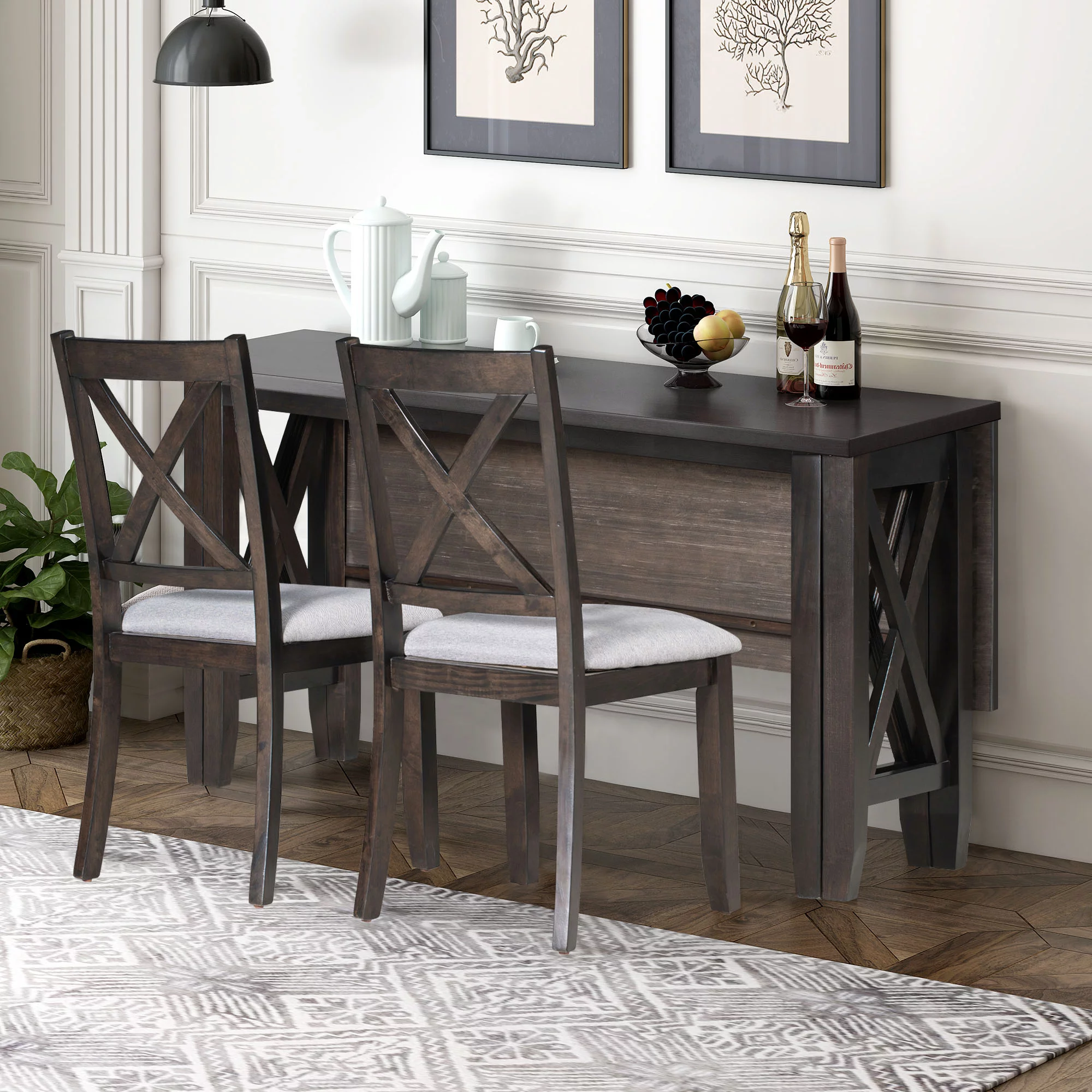 6 Pieces Dining Table Set, HSUNNS Foldable Wood Kitchen Table Set for 6 with Bench and 4 Cushioned Chairs
