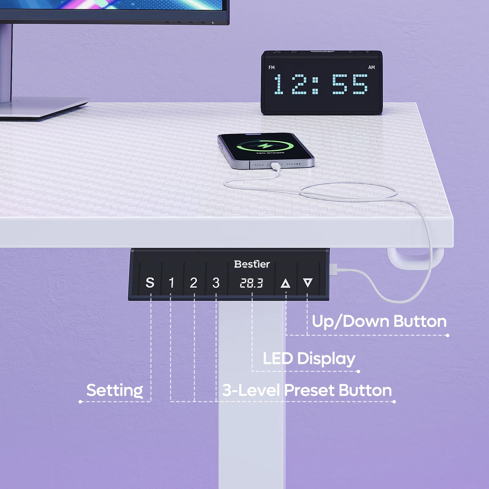 Bestier L-Shaped Standing Desk 63" x 55.1" Electric Stand Up Height Adjustable Home Office Table Computer Workstation in Carbon Fiber White