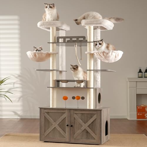 Heybly Cat Tree for Maine Coon with Litter Box Enclosure, 72-inch Wooden Cat Tower for Indoor Cats Large Adult, Big Condo with Food Station, Baskets