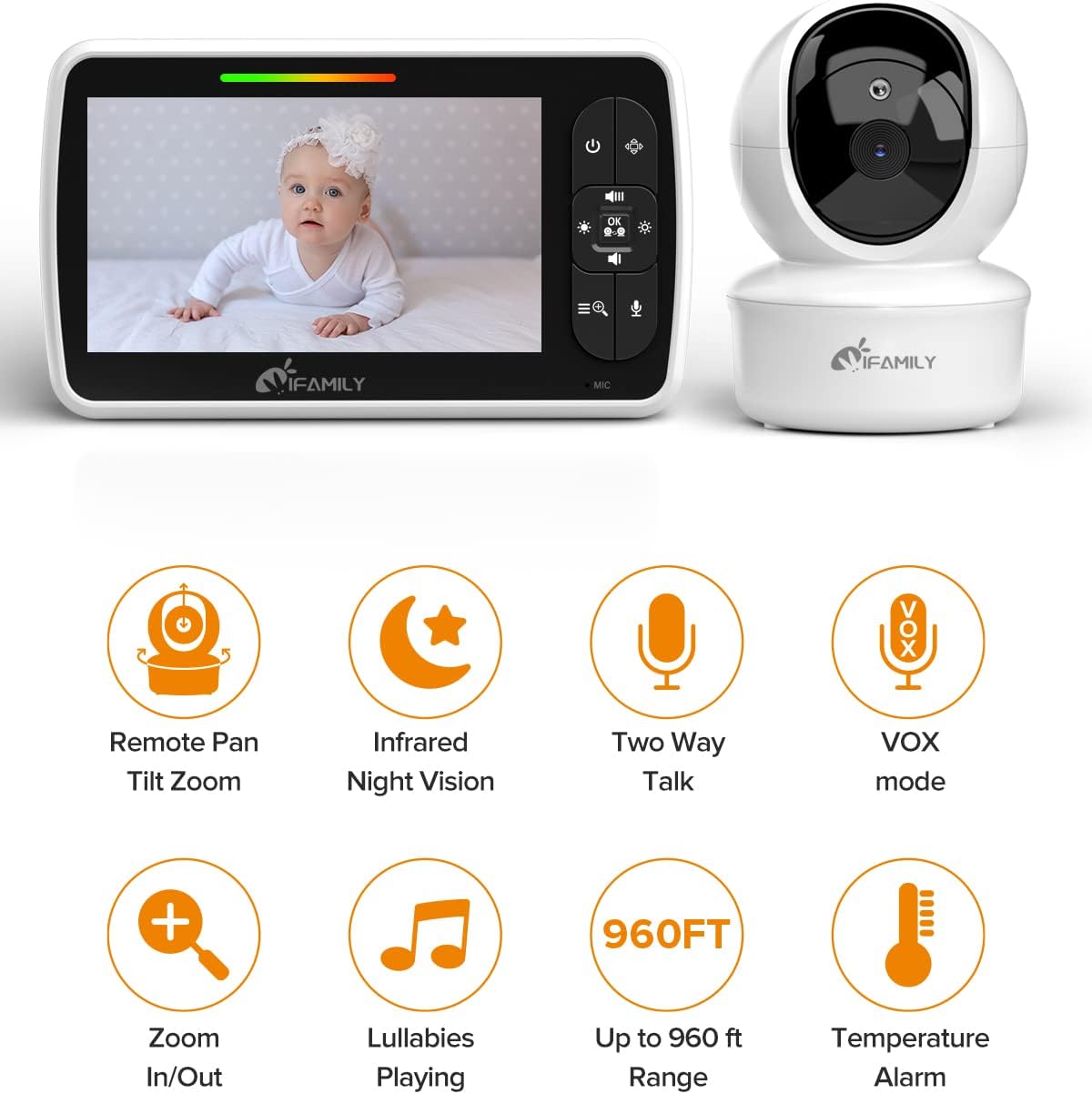 Baby Monitor - 5” Large Display Video Baby Monitor with Remote Pan-Tilt-Zoom |Infrared Night Vision, Temperature Display, Lullaby