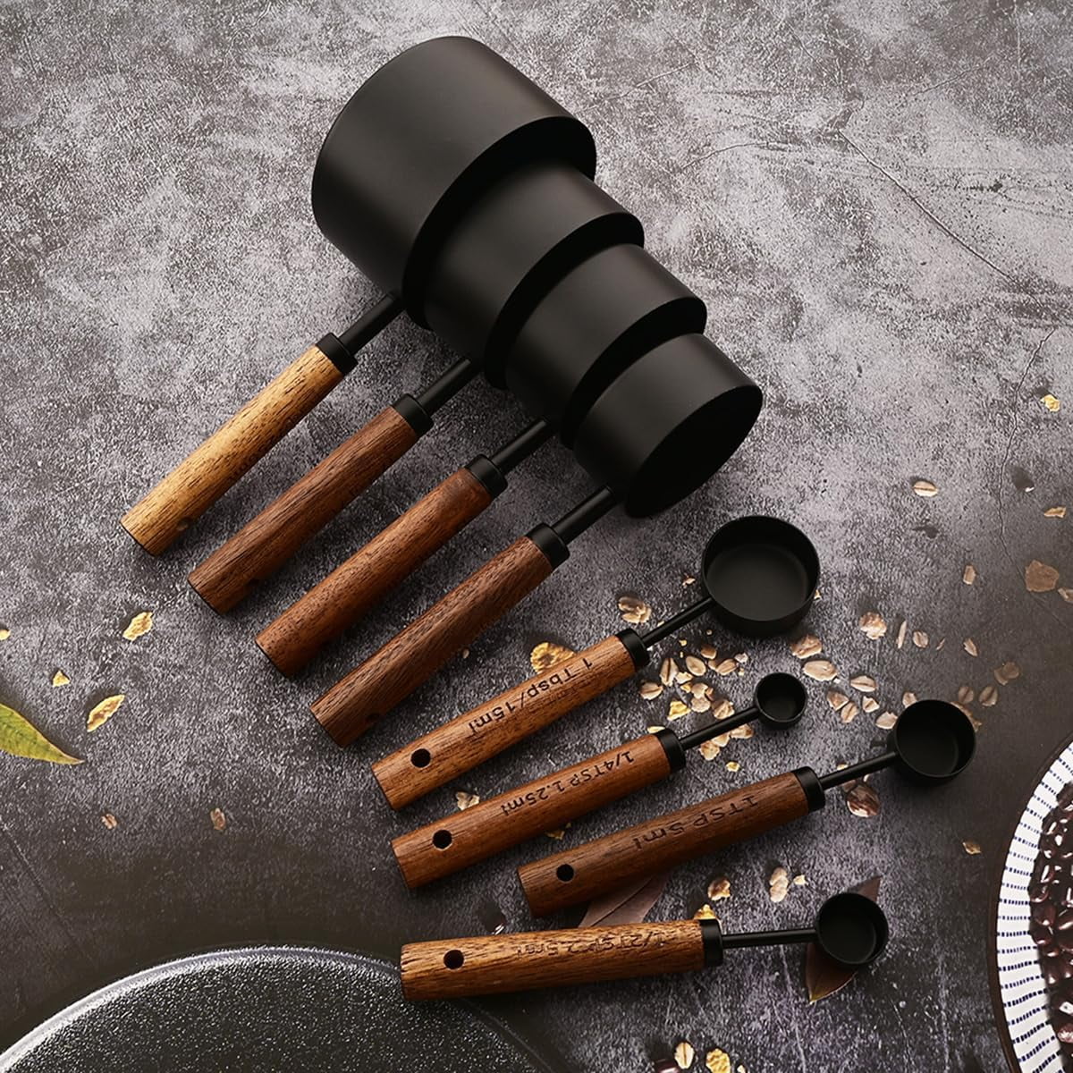8 pieces Golden Measuring Cups Set and Measuring Spoons Set with Scale, Wooden Handle Stainless Steel Dry &amp