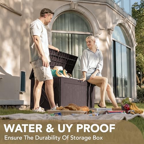 Devoko 120 Gallon Deck Box Resin Outdoor Storage Box Waterproof for Patio, Large Outdoor Storage Bench Lockable for Outside (Black)