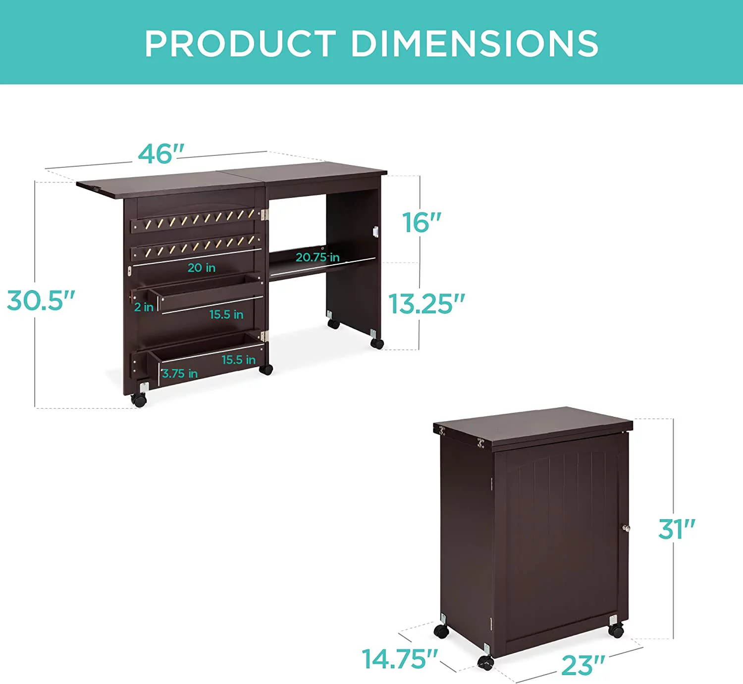 Folding Sewing Table Multipurpose Craft Station & Side Desk with Compact Design, Wheels, Shelves, Bins, Pegs, Magnetic Doors, Metal Doorknobs