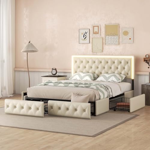 Queen Size Upholstered Bed Frame with 4 Storage Drawers, Button Tufted Adjustable Headboard PU Leather Platform Bed with LED Light