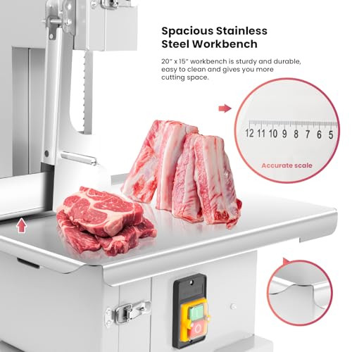 1500W Electric Bone Saw Machine | 20" x 15" Meat Cutting Table | Stainless Steel Bandsaw Machine | 0.04-8" Cutting Thickness with 8 Saw Blades |