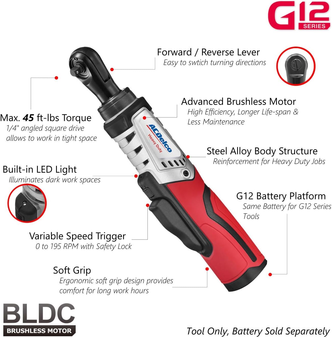 ACDelco ARW1210-2T G12 Series 12V Cordless Li-ion 1/4” 45 ft-lbs. Brushless Ratchet Wrench - Bare Tool Only
