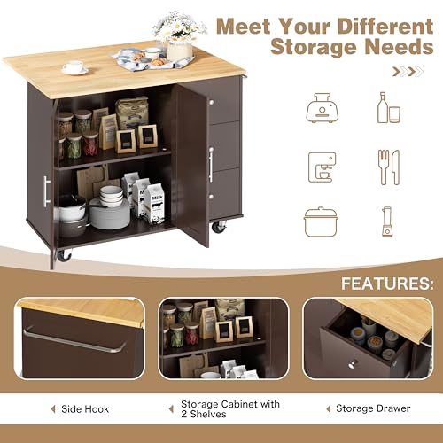 Shintenchi Rolling Kitchen Island Cart with Folding Drop Leaf Breakfast Bar, Portable Trolley Island with Large Storage Cabinet, Shelf and Drawer