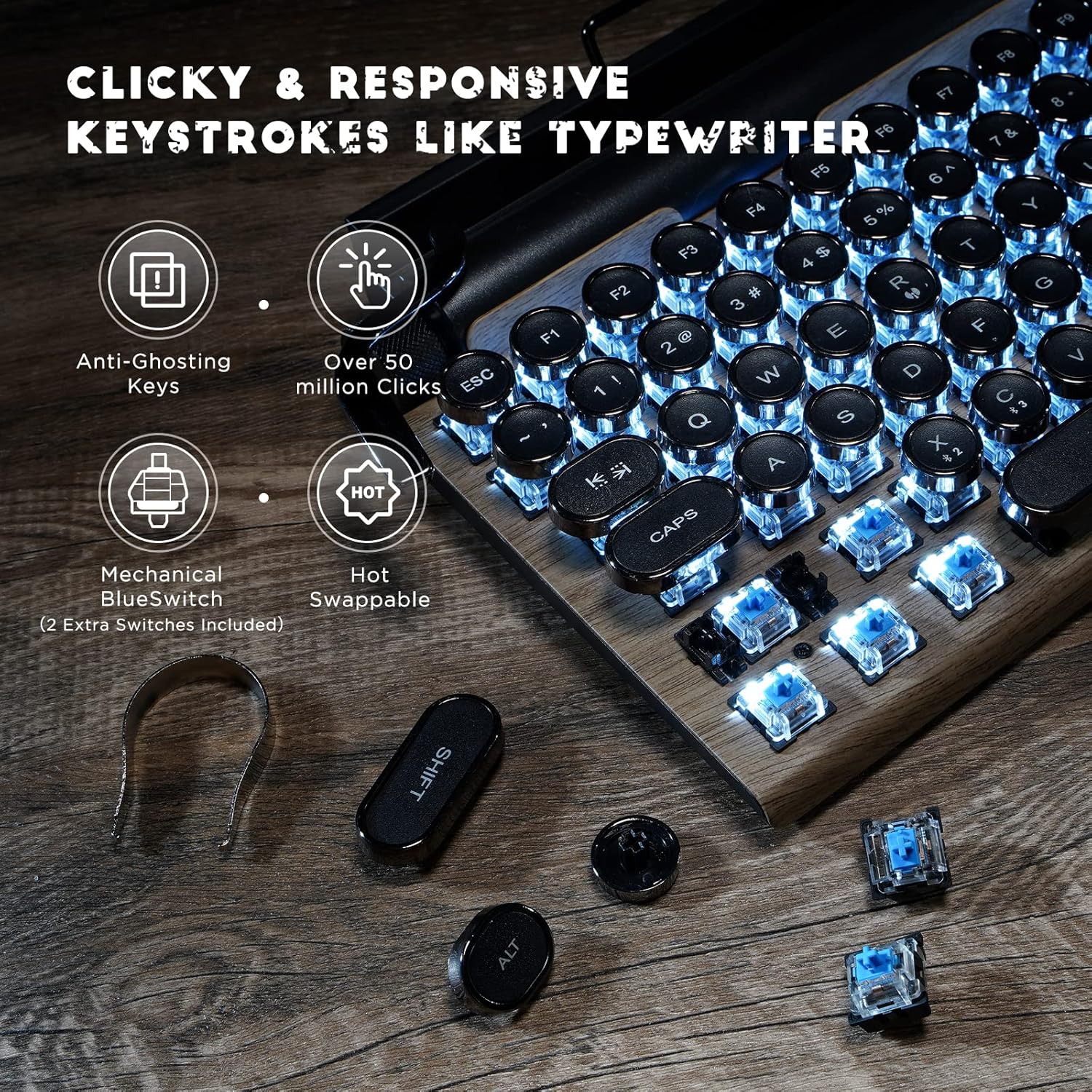 Retro Typewriter Keyboard with White Lighting, Multi-Device Bluetooth Wireless & Wired Aesthetic Mechanical Keyboard for Computer/Laptop/Tablets