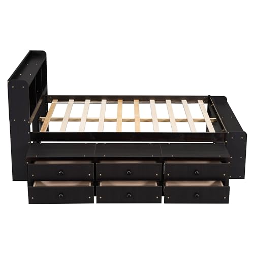 SOFTSEA Full Size Platform Bed with Storage, Platform Bed with Drawers and Bed End Case, Wood Platform Bed Frame with Storage Bookcase Headboard