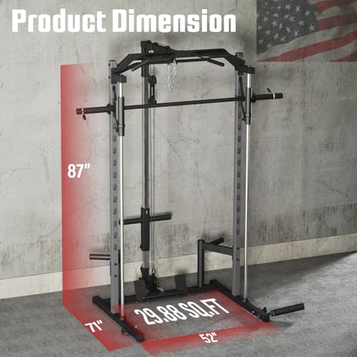 OPPSDECOR Power Cage, Multi-Function Power Rack with Adjustable Cable Pulley System, Squat Rack with Pull-up Bar, J-Hooks