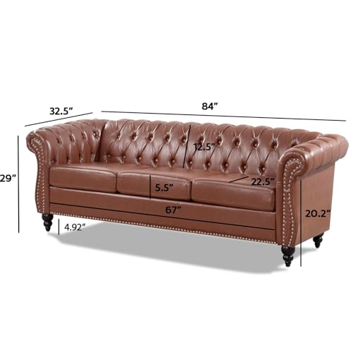 Black Faux Leather 3-seater Couch, 84in Sofas for Living Room, Bedroom, Office, with Rolled Arm, Deep Seating and Buttoned Classic Chesterfield Sofa