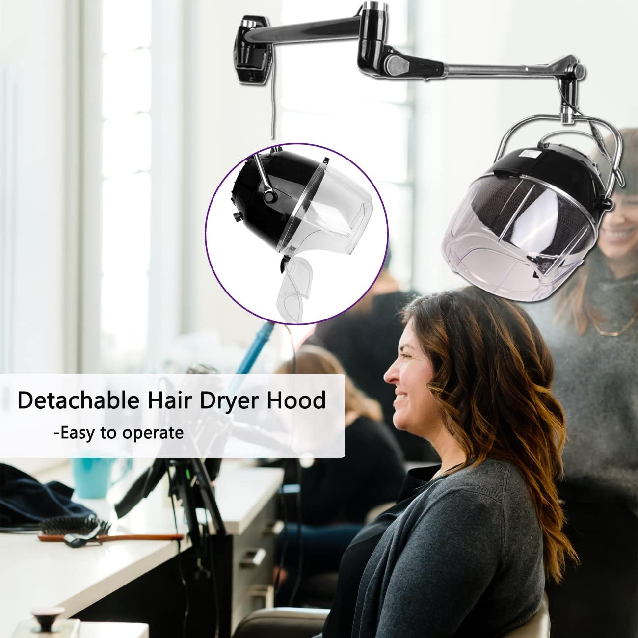 Samger Retractable 900W Wall Mounted Hair Hood Dryer Professional Hair Dryer with Flexible Swivel Arm Built-in 60min Timer Adjustable Temperature 70℃