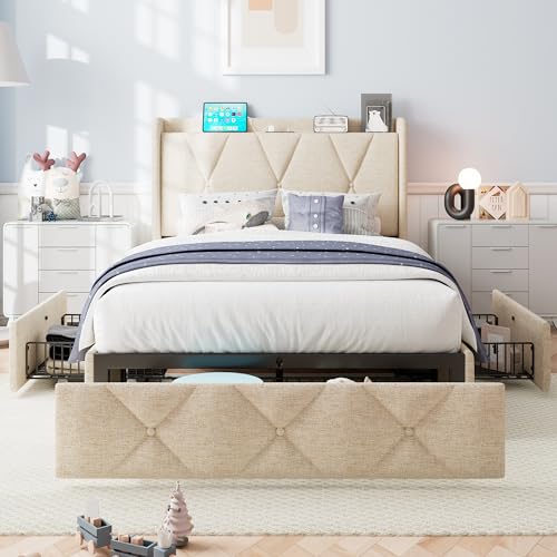 iPormis Queen Bed Frame with 4 Storage Drawers, Upholstered Platform Bed Frame with Charging Station, Modern Wingback Storage Headboard