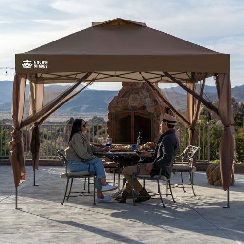 CROWN SHADES Gazebo 10x10 Pop Up Canopy with Mosquito Netting, Screen Tent with 4 Ropes, 8 Stakes, 4 Sandbags and Wheeled Storage Bag