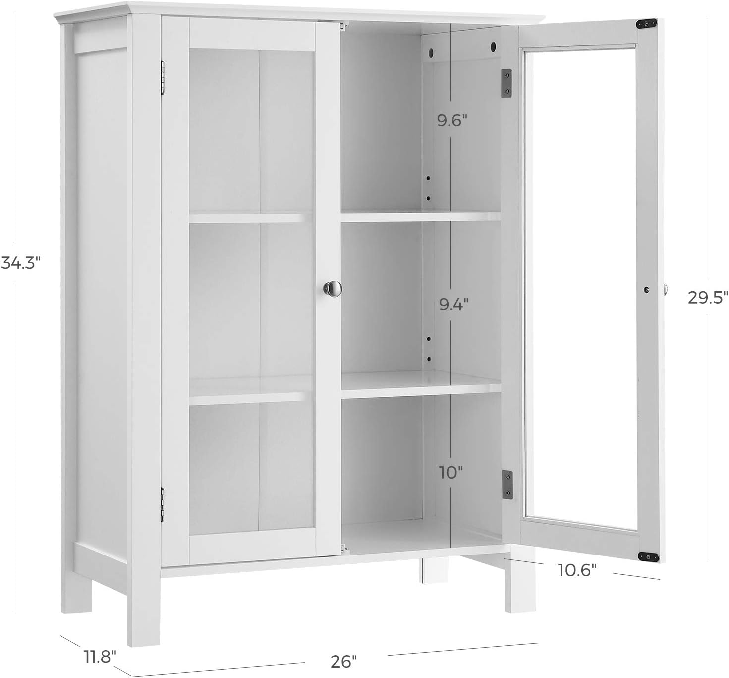 VASAGLE Storage Cabinet, Sideboard, Display Cupboard with 2 Adjustable Shelves, Transparent Glass Doors, Handles, Scandinavian Nordic