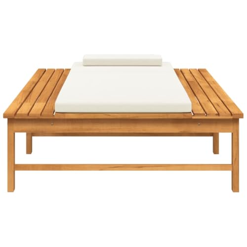 Sun Lounger with Cream White Cushion and Pillow Solid Wood Acacia,Acacia Wood Sun Lounger with Adjustable Backrest for Patio and Garden Relaxation