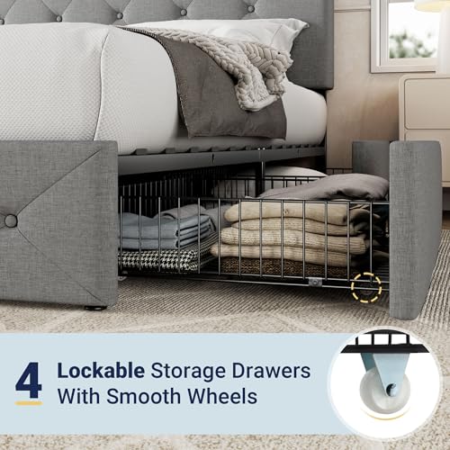 Allewie Upholstered Queen Size Platform Bed Frame with 4 Storage Drawers and Headboard, Square Stitched Button Tufted