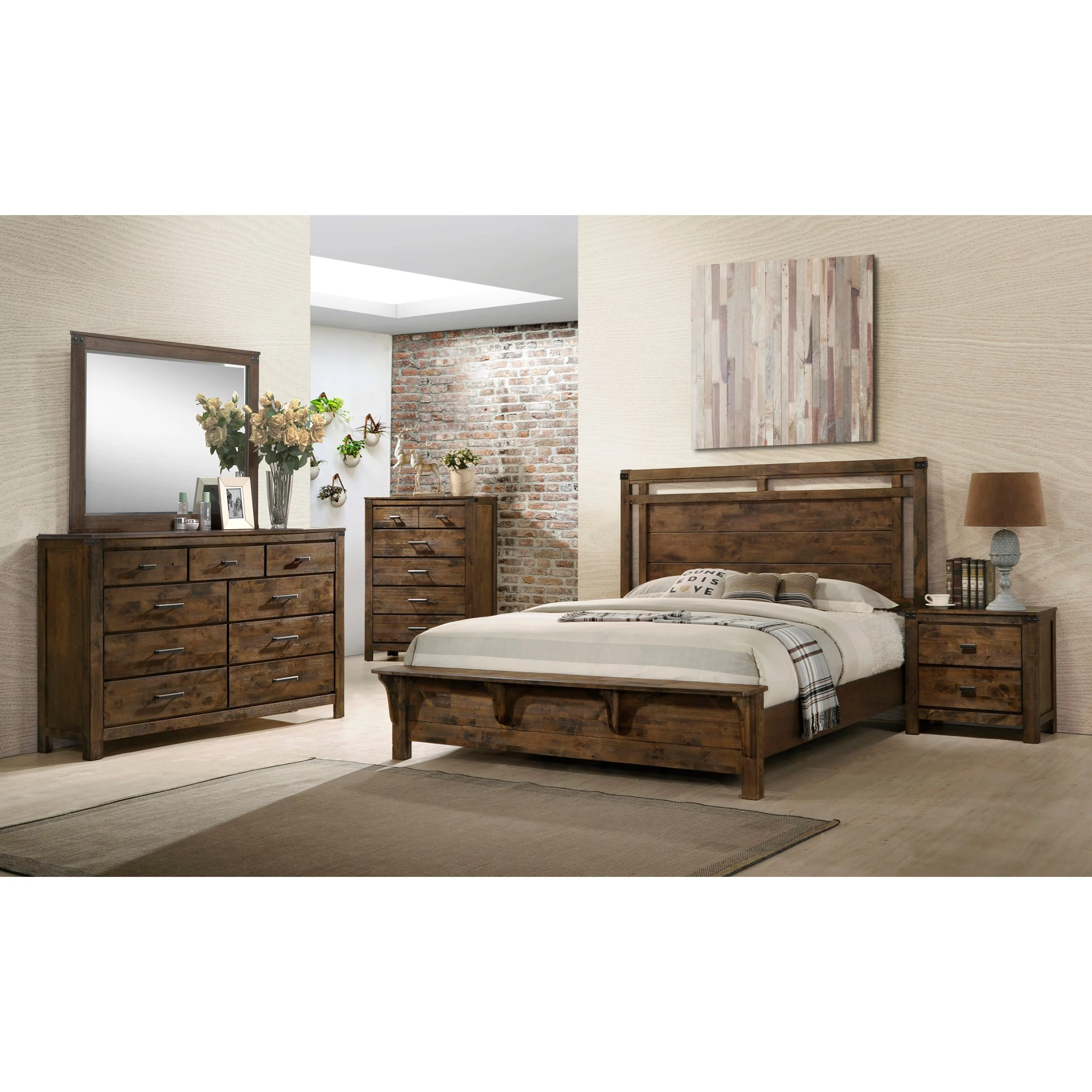 6pc Contemporary Rustic Finish Queen Size Bedroom Set Bed Dresser Mirror Nightstand Chest Wooden Home Furniture