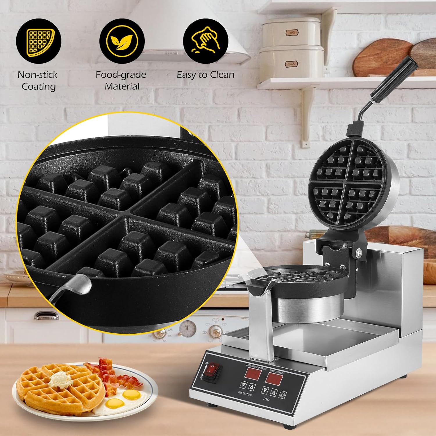 Dyna-Living Commercial Waffle Maker 110V 1200W Intelligent Belgian Waffle Maker Rotating 180° Round Waffle Maker Nonstick Flip Waffle Iron Machine