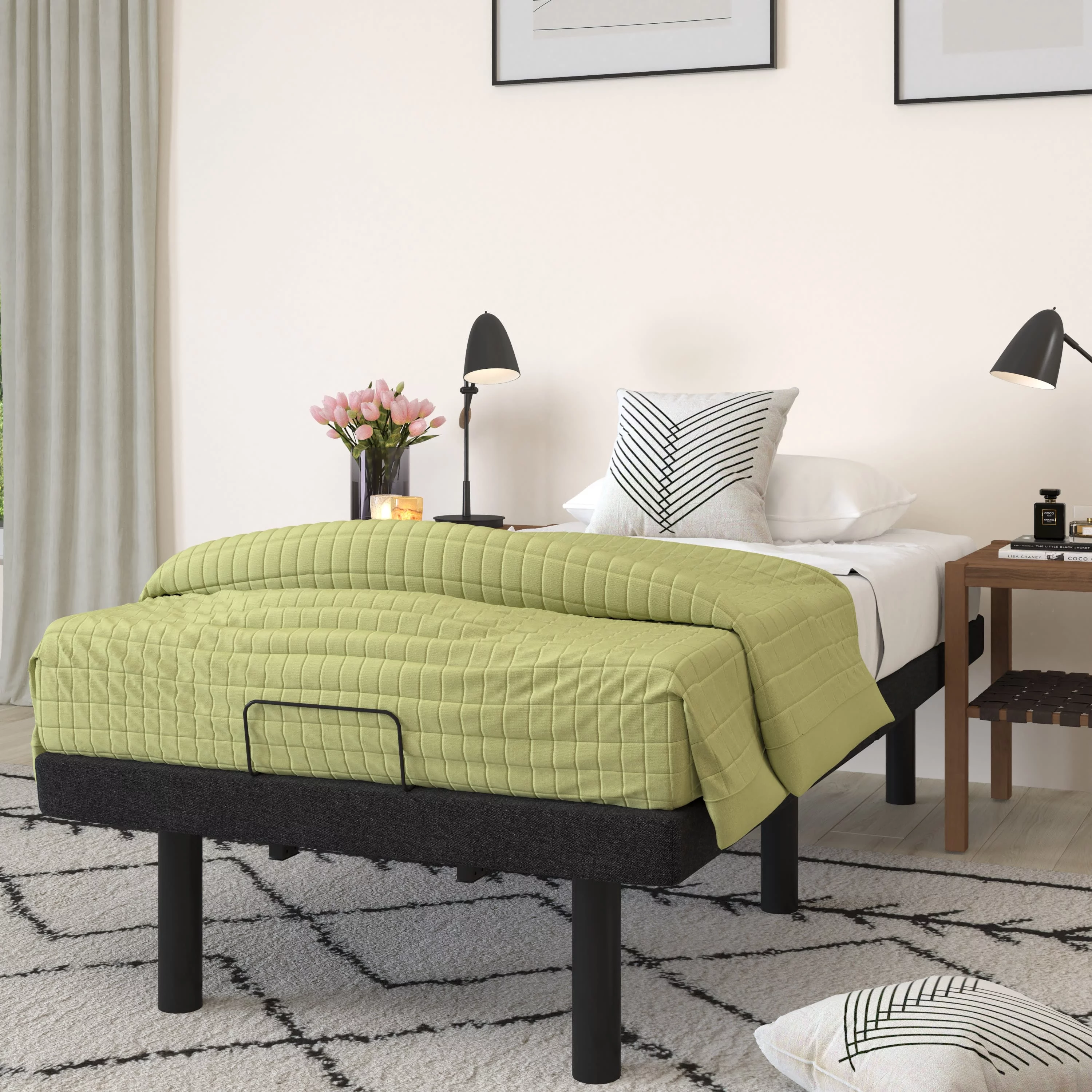 Merrick Lane Twin XL Adjustable Bed Frame with Wireless Remote and Dual Head & Foot Incline, Anti-Snore & Zero Gravity Presets-Black