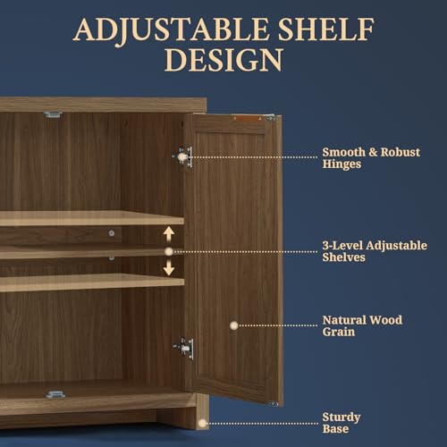 Hampstead Rattan 4-Door Storage Sideboard Cabinets with Adjustable Shelves, Boho Accent Buffet Cupboard Console for Kitchen, Living Room, and Hallway