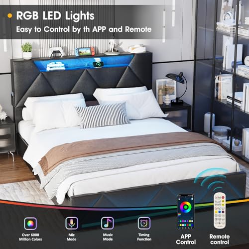 Vabches Queen Bed Frame with Storage Headboard and 4 Drawers,Upholstered Platform with Charging Station and Led Lights,Adjustable Headboard