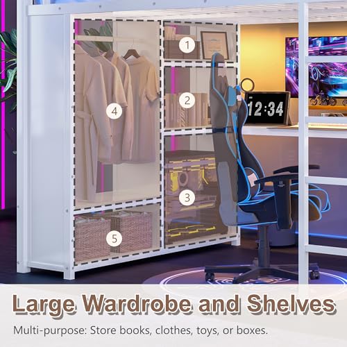 Queen Heavy Duty Metal Loft Bed with L-Shaped Desk, Wardrobe & 5 Storage Shelves – Space-Saving Design for Kids, Teens, Adults – CPC Certified