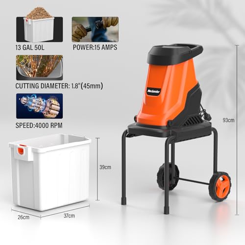 MAXLANDER 15-Amp Electric Wood Chipper, Shredder Mulcher with 50L Collecting Bin, 1.8-Inch Cutting Diameter for Mulching