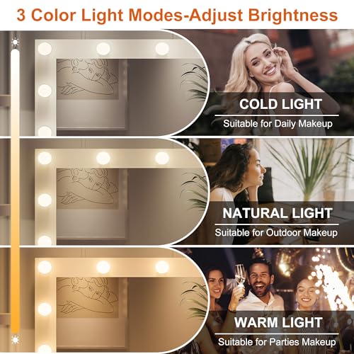 Vanity Desk with Large Mirror and Lights, Glass Top Makeup Vanity with Lights & Power Outlet for Bedroom, 3 Color Lighting Modes