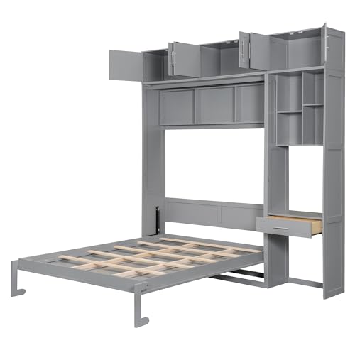 Polibi Full Size Wall Murphy Bed with Built-in Desk & Shelves - Multi-Functional Wall Bed for Small Apartments, 3 Storage Cabinets
