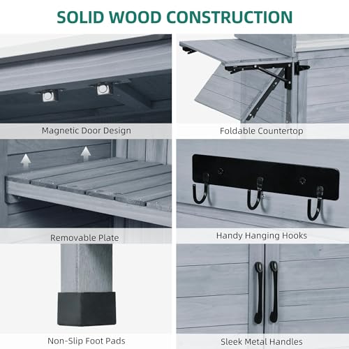 YITAHOME Solid Wood Potting Bench Table with Folding Pallet and Metal Tabletop, Outdoor Storage Cabinet Planting Table Garden Work Bench for Garden