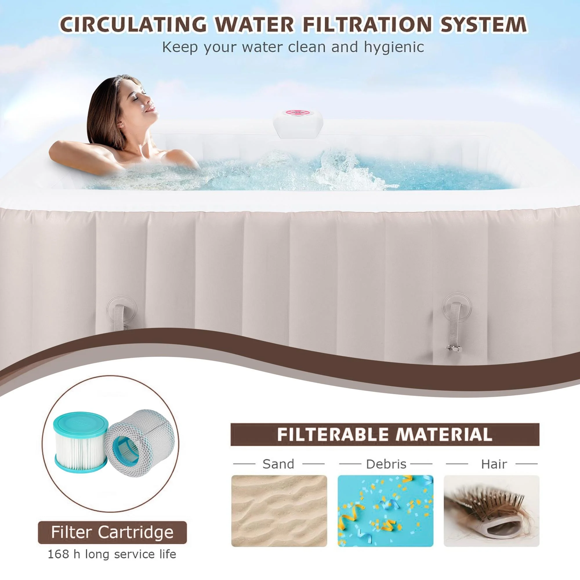 73 Inch 4-6 Person Inflatable Hot Tub Spa with Control Panel, Outdoor Portable Hottub with 130 Jets, Insulated Tub Cover and Floor Protector, Gray