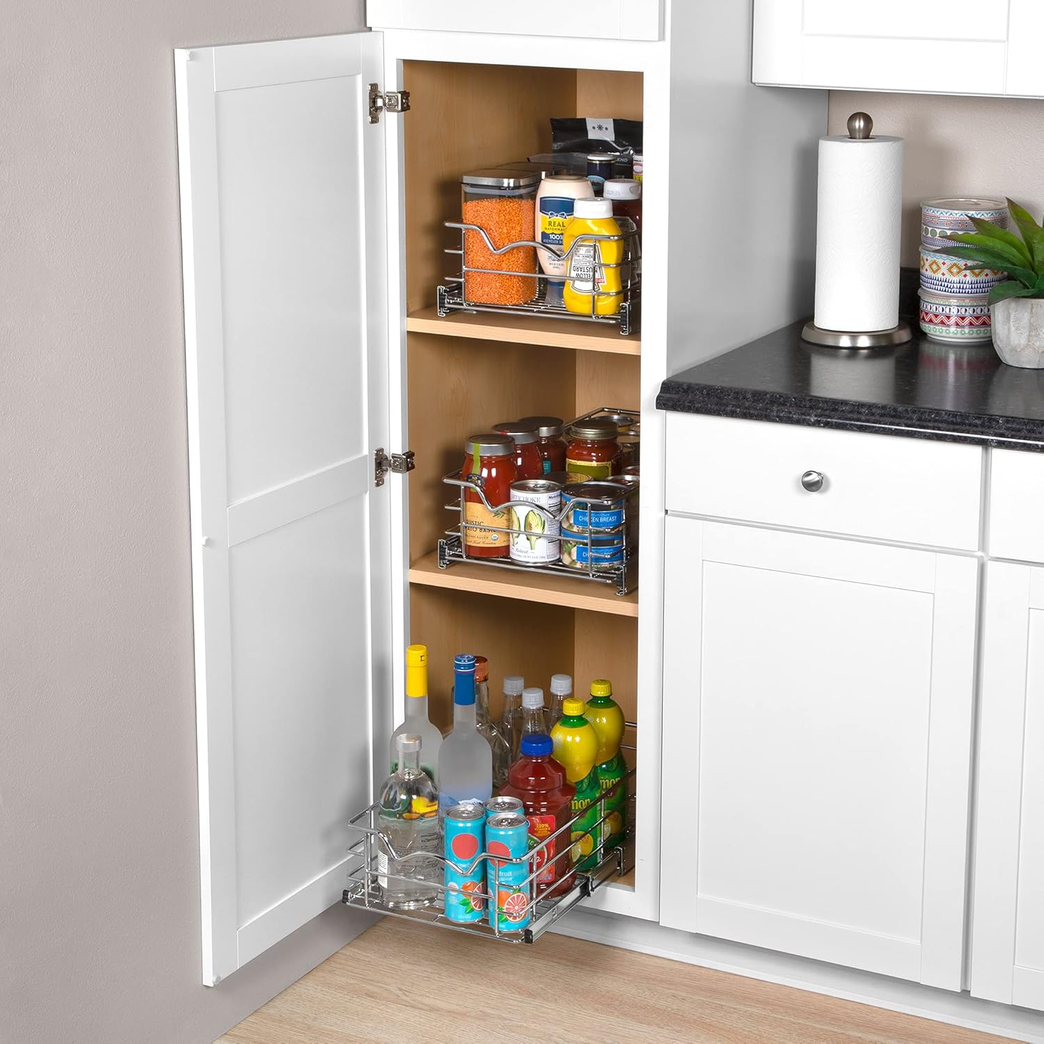 Heavy Duty Pantry Pull Out Cabinet Organizer Basket 5” High –5 Year Limited Warranty- Slide Out Drawer Shelf for Pots, Pans, Cans, jars, Canisters