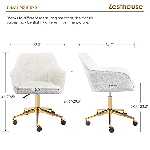 Zesthouse Modern Desk Chair with Wheels, White Swivel Vanity Chair for Girls Women, Upholstered Home Office Chair Boucle Armchair for Bedroom