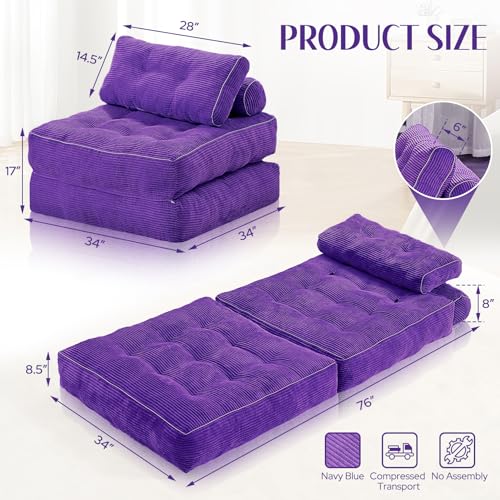 HABUTWAY Folding Sofa Bed, Convertible Sleeper Chair Bed w/Dual-Pillow & Handle, Foldable Floor Sofa Lounge w/Back Support for Living Room, Bedroom