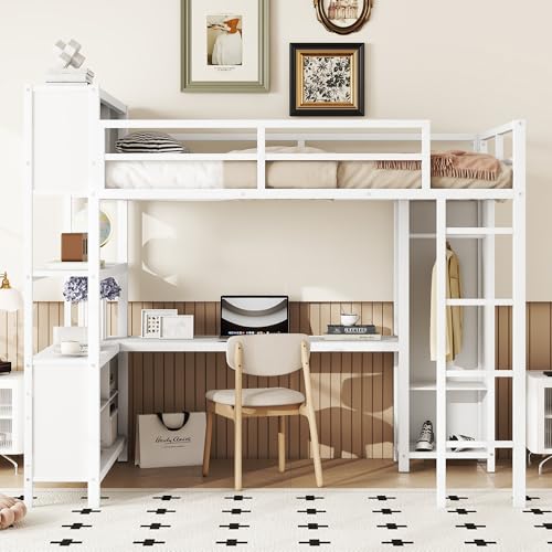 Bellamave Metal Loft Bed with Wardrobe and L-Shaped Desk, Full Size Loft Bed with Storage Cubes and Shelves, Heavy Duty LoftBed for Kids Teens Adults