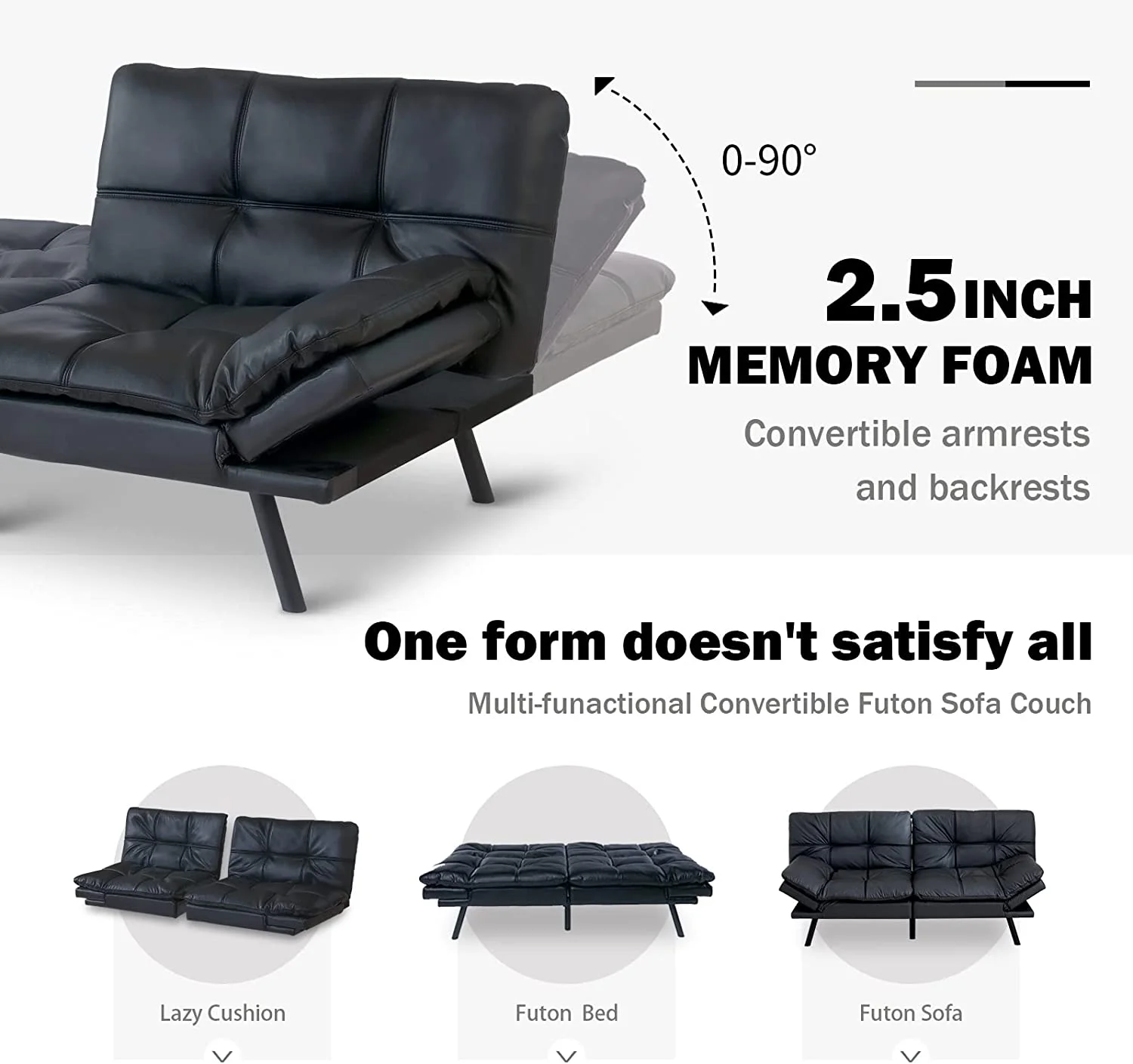 Convertible Futon Sofa Bed,Black Leather Memory Foam Loveseat Futons Sofa Couch,Small Euro Lounger Sofa For Compact Living Spaces,Apartment,Dorm