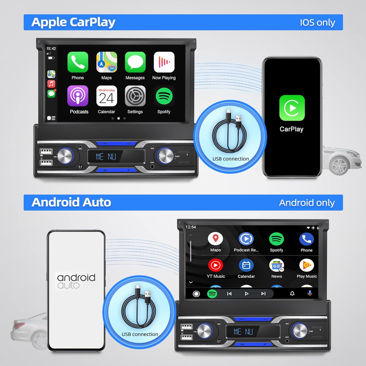 Single Din Car Stereo with CarPlay ,EKAT 7 Inch Flip Out Touchscreen Car Radio Receicer Supports Bluetooth FM Mirror Link for Android/iOS