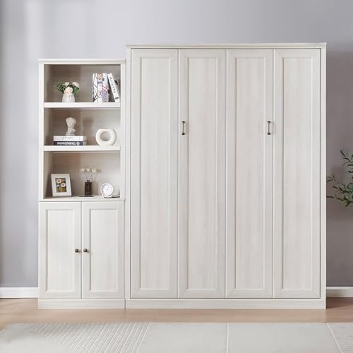 MERITLINE Queen Size Murphy Bed with Storage Bookcase Shelves,Cabinet and Charging Station,Wood Folding White Murphy Wall Bed